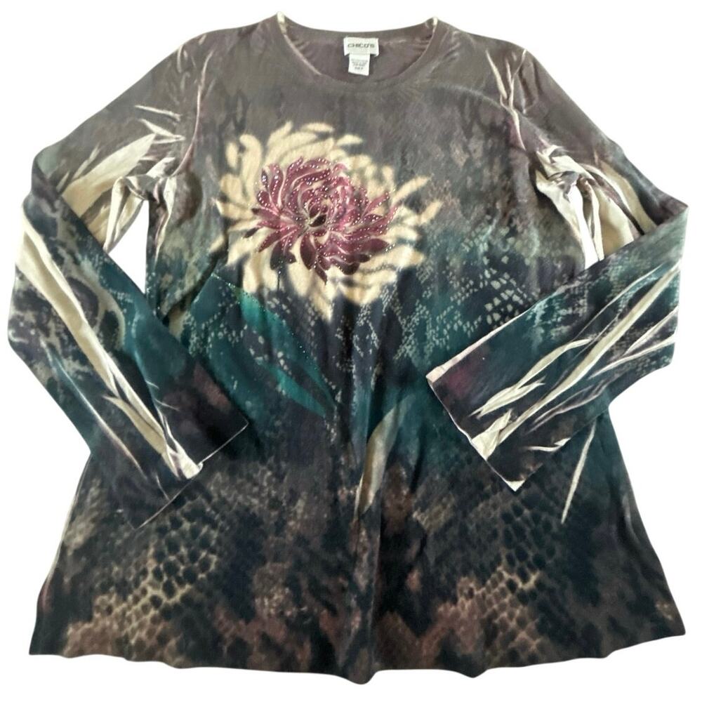 Chico’s Size 2 Floral Rhinestone Long Sleeve Top Stretch Art Print Pullover